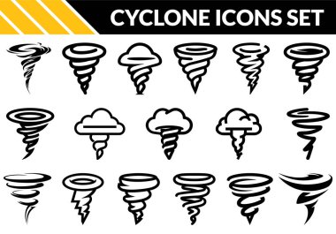 Vektör, çeşitli kasırga şekillerini gösteren koyu siyah çizgilerde çeşitli siklon simgeleri sergiliyor, temiz beyaz arkaplan üzerinde çok yönlü bir koleksiyon sunuyor.