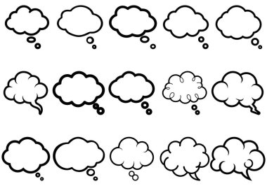 Bu koleksiyon, siyah hatları olan, düşünceleri veya konuşmayı sembolize eden, beyaz bir arkaplanda temiz bir düzende sergilenen, mesajlaşma için mükemmel olan on beş ayırt edici bulut simgesi sunar..