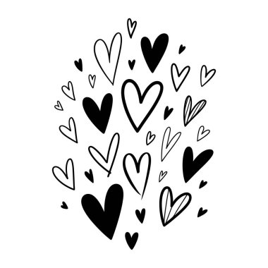 Birçok siyah ve beyaz kalp şekilleri beyaz bir arkaplanda sıralanmış, aşkı yaratıyor. Bu kalpler farklı boyutlarda ve yönlerdedir..