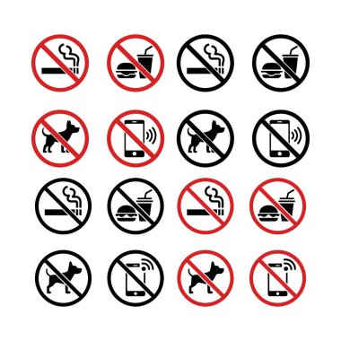 Bu vektör illüstrasyonunda köpek, cep telefonu, yiyecek ve içecek ve beyaz arka planda sigara içmek yasak işaretleri de dahil olmak üzere kırmızı ve siyah işaretler gösteriliyor..