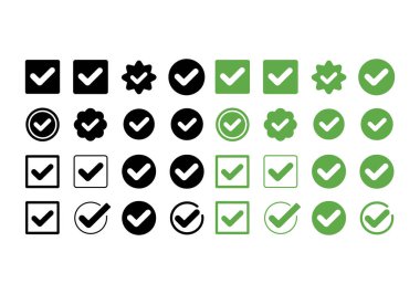 Vektör grafiği, siyah ve yeşil renklerde, beyaz bir arkaplan boyunca yayılmış, çeşitli şekil ve biçimlerde birden fazla işaretleme simgeleri gösterir.