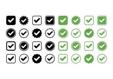 Basit bir beyaz arkaplan karşısında hem siyah hem de yeşil renklerde işaretleme simgelerinin çeşitli bir koleksiyonu.