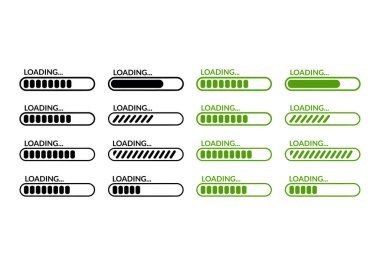 Siyah ve yeşil yük çubuğu göstergelerinin çeşitli aşamaları beyaz bir zemin üzerinde gösterilerek, metin yükleme etiketleri ile ilerleme durumlarını gösterir.