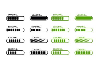 Boşluktan eksiksiz olarak tamamlanan, siyah ve yeşil olarak gösterilen, beyaz arkaplan üzerine kurulmuş çubukları yüklemenin çeşitli aşamaları.