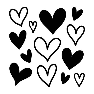 Dağılmış siyah el çizilmiş kalpler temiz beyaz bir arkaplan üzerinde neşeli bir desen oluşturur. Sevgi, şefkat ya da büyüleyici tasarımlar yapmak için mükemmeldir..