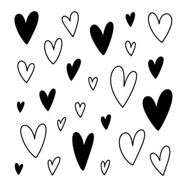 Bu resim, basit kalp şekillerinin bir düzenini gösteriyor, bazı katı siyah ve diğerleri sadece ana hatlarıyla çizilmiş, temiz beyaz bir arkaplanda rastgele dağılmış, neşeli bir desen yaratıyor..