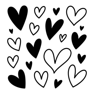 Doldurulmuş ve ana hatları çizilmiş sayısız el yapımı kalp temiz beyaz bir arkaplan üzerinde görsel olarak büyüleyici bir vektör deseni oluşturur..