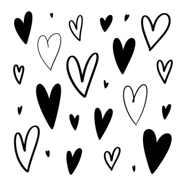 Birkaç basit özet ve katı siyah kalp şekilleri, beyaz bir arkaplan karşısında çeşitli boyutlarda ve yönelimlerde rastgele süzülür..