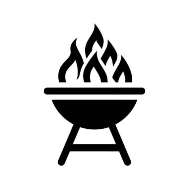 Siyah vektör beyaz arka planda alevler olan yuvarlak bir barbekü ızgarası gösteriyor. Açık havada yemek pişirmeyi, yaz etkinliklerini ya da aşçılık faaliyetlerini temsil etmek için mükemmel..