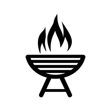 Saf siyahla betimlenmiş basit bir kömür ızgarası ızgarasından yükselen belirgin alevlerle bezenmiş, temiz beyaz bir arka plana karşı katıksız bir tezat.