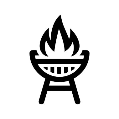 Alevi gösteren siyah barbekü ikonu beyaz bir arkaplan üzerinde görüntülenir; basit tasarımı onu çeşitli mutfak temaları için uygun hale getirir.