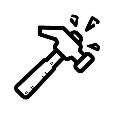 Siyah çekiç sallanıyor ve beyaz bir arka planda sunulan kıymıklara neden oluyor, aracın gücünü ve etkisini gösteriyor.