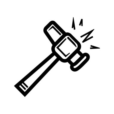 Siyah çizgiler beyaz zemin üzerinde enerji çizgileri olan bir şeye vuran bir çekiç gösteriyor..