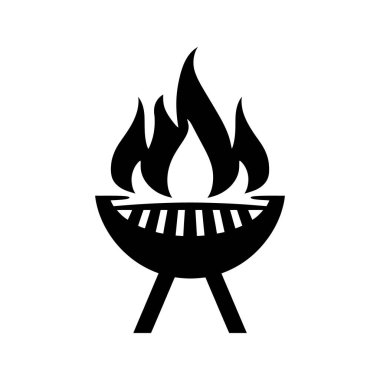 Siyah siluet alevli bir barbekü ızgarası gösteriyor. Basit simge beyaz bir arkaplanda duruyor ve kolayca tanınabilir..