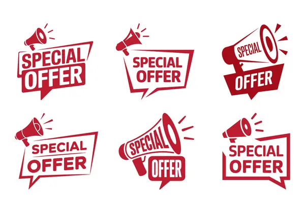 Altı kırmızı megafon simgesi özel bir gösteri sunuyor. Göze çarpan, dikkat çeken anonsları yakalayan, hepsi beyaz bir arka planda..