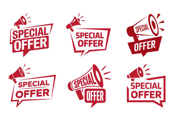 Шесть икон красных мегафонов демонстрируют специальные предложения в жирном стиле, обеспечивая внимание захватывающих объявлений, все установлено на четком белом фоне.