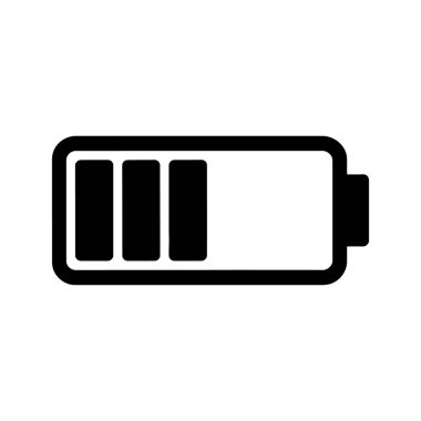 Tükenmiş bir pil simgesi, dikdörtgen çerçevesinde beyaz bir arkaplan karşısında sadece iki çubuk görülebildiği için düşük şarj gösterir.