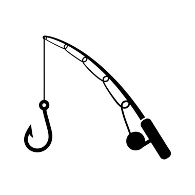 Siyah grafik beyaz arka planda kancası olan bir olta gösteriyor açıkça görülebiliyor, bu da onu balıkçılık ve ilgili bağlamlarda çeşitli uygulamalar için uygun kılıyor..