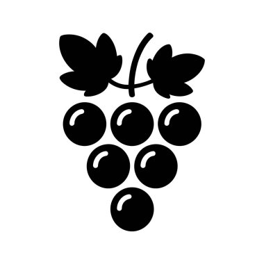 Siyah siluet, yapraklı üzümleri bembeyaz bir arkaplanda tasvir eder, temiz, minimalist tek renk tonu görüntüsü sunar..