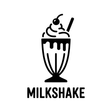 İzole edilmiş siyah milkshake ikonu gösterileri kiraz soslu ve samanlı tatlı, temiz beyaz arka planda hazırlanır..