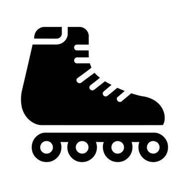 Tekerlekli siyah bir retro paten, temiz beyaz bir arkaplanda sunulan kalın bir siluetle sunuluyor..