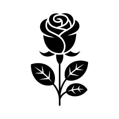 Beyaz arkaplanda duran yapraklı zarif bir siyah gül çiçeği belirgin bir şekilde sergilenir..