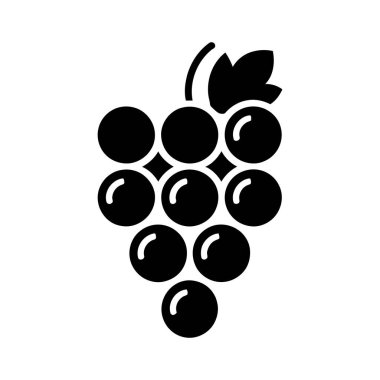 Düz vektör, temiz çizgiler ve minimalist estetik çizgiler sergilenen beyaz bir zemin üzerine dizilmiş siyah üzüm kümesini tasvir eder..