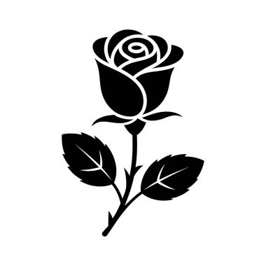 Siyah gül silueti, detaylı taç yaprakları, sapı ve yaprakları ile çiçek açan bir çiçek gösterir; beyaz bir arka planda sunulur.