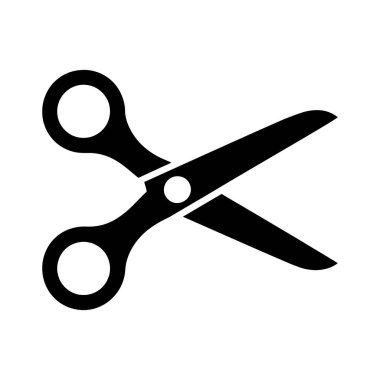 Siyah makas simgesi, açık bıçaklarını ve rahat yuvarlak saplarını, temiz beyaz bir arkaplana karşı ayarlayıp, özünü basit bir şekilde yakalar..