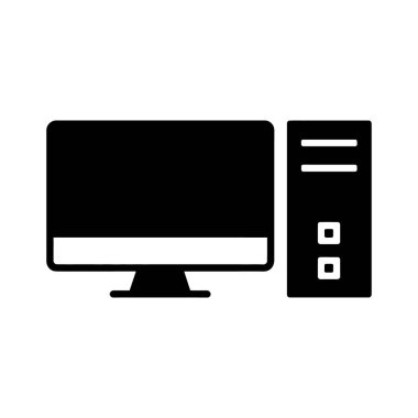 Masaüstü monitörünü ve basit bir siyah vektör tarzıyla betimlenmiş bir pc kulesini gösteren bir bilgisayar, beyaz bir arkaplanda sunulmaktadır.