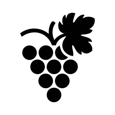 Temiz ve minimalist bir tarzda sergilenen, yapraklı üzümlerin basit bir siyah kabartma resmi beyaz arka planda izole edilmiştir..