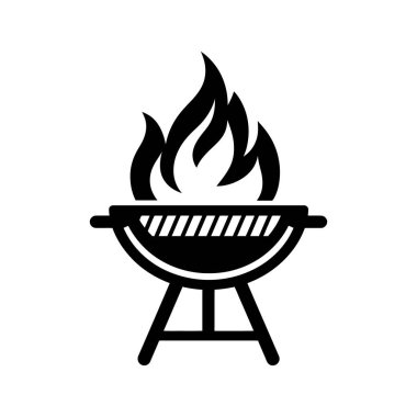 Beyaz arka planda yükselen alevleri olan siyah barbekü ikonu yaz pikniği, açık hava eğlencesi ve ızgara etkinliklerinin şenlikli kutlamalarını çağrıştırıyor..
