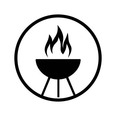 Siyah barbekü ikonu, üç ayakla desteklenen yuvarlak bir ızgara kâsesinin içinde yanan alevleri bembeyaz bir arkaplan üzerinde kalın bir daire şeklinde resmediyor..