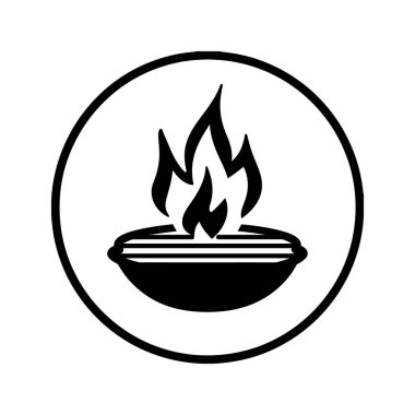 Siyah vektör ızgara simgesi siyah bir çemberin içinde beyaz arka plana karşı alevi gösteriyor, temiz çizgiler ve kolay kullanım için minimalist bir tarzda dizayn edilmiş..