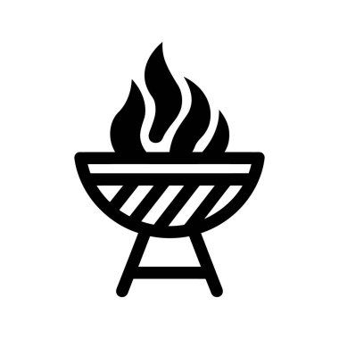 Siyah siluet, bacaklarında beyaz arka planda alevler olan bir ızgara gösterir..