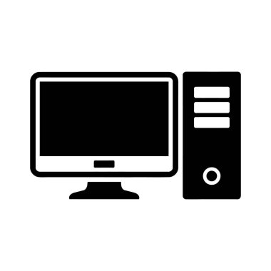 Siyah siluet, ekranı ve kulesi olan klasik bir masaüstü bilgisayarı gösteriyor. Bu tasarımın beyaz arka planda minimalist bir hissi var..