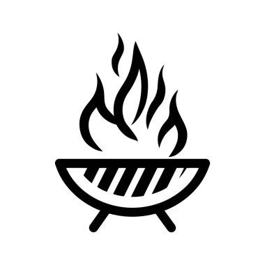 Siyah siluet beyaz arka plandaki bir ızgaradan yükselen alevleri gösteriyor. Bu basit grafik ateşli bir barbekü aleti tasarımı sunar..