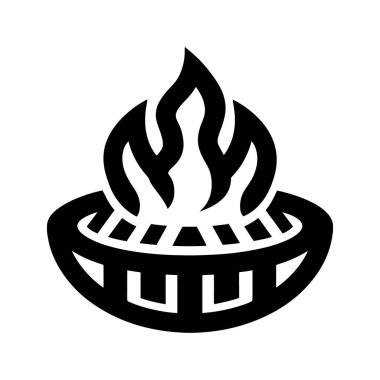 Yanan alevler, desenlerle dizayn edilmiş ve beyaz arkaplana yerleştirilmiş kadim bir siyah kazanın tepesinden yanıp sönüyor..