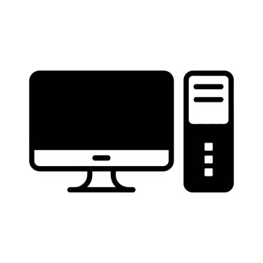 Klasik siyah masaüstü bilgisayar simgesi, beyaz arka planda monitörün yanında tek başına duran geleneksel bir kule birimi gösterir.