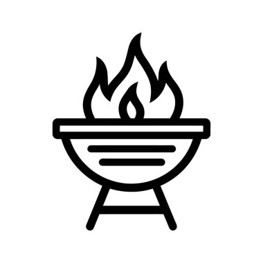 Yanan alevler siyah ızgaranın üstünde yükselir, beyaz arka planda basit bir çizgide ateşin ve ızgaranın şeklini gösterir..