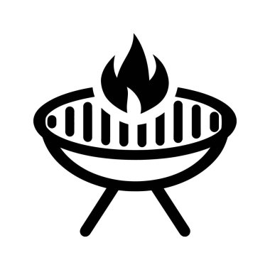 Alevli siyah ızgara ikonu, açık hava yemeklerini sembolize eder. Beyaz arka planda ızgara ekipmanlarının net ve basit bir görüntüsünü sunar..