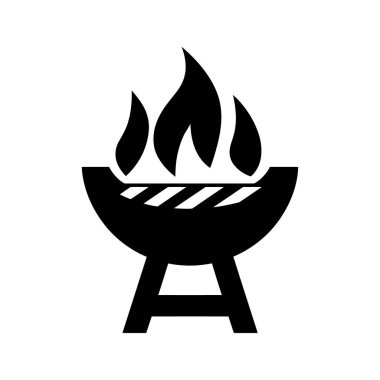Alevlerle yanan kömür ızgarasının silueti görülüyor. Grafik basit, modern ve açık hava aşçılığını, ızgarayı ve yaz barbeküsünü temsil etmek için mükemmel..