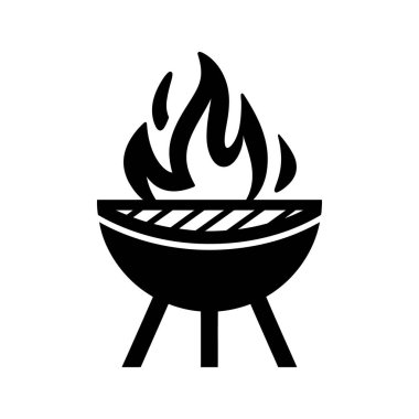 Üzerinde alevler olan ızgara, açık havada yemek pişiren bir barbekü ikonu ve beyaz arka planlı yaz eğlencesi..
