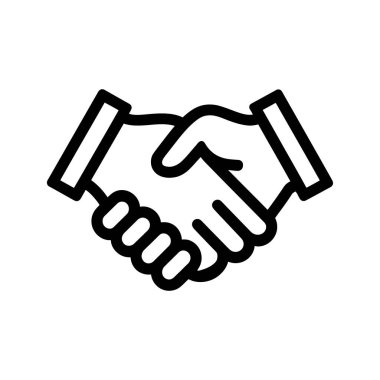 Siyah doğrusal simge, başarılı bir iş anlaşmasının beyaz arka planda görülebilen sıkı bir tokalaşmayla sembolik bir temsilini tasvir eder.