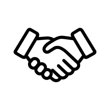 Siyah çizgi çizimi, temiz beyaz bir arkaplana karşı yapılan anlaşma ve işbirliğini temsil eden dostane bir el sıkışma jestini gösteriyor..