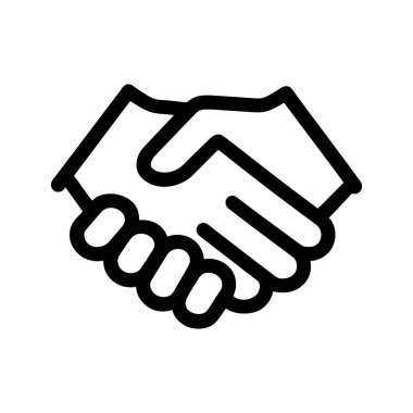 Beyaz bir arkaplan karşısında el sıkışma hareketinde bir araya gelen iki eli gösteren siyah taslak simgesi, anlaşma veya işbirliği anlamına gelir.