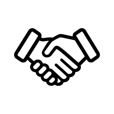 Siyah hatlarda, temiz beyaz bir arkaplan üzerine kurulmuş bir iş anlaşması veya ortaklık kavramını temsil eden bir tokalaşma simgesi yer alıyor.