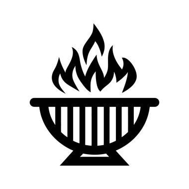 Beyaz arkaplanda yanan ateşi gösteren siyah basit ızgara simgesi yaz barbekü etkinliği temaları için mükemmel bir tasarım unsurudur.