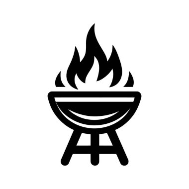 İzole edilmiş siyah-beyaz görüntü taşınabilir bir barbeküde alevlerin yandığını gösteriyor. Beyaz arkaplanda siyah ve beyazın katıksız bir karşıtlığı var.