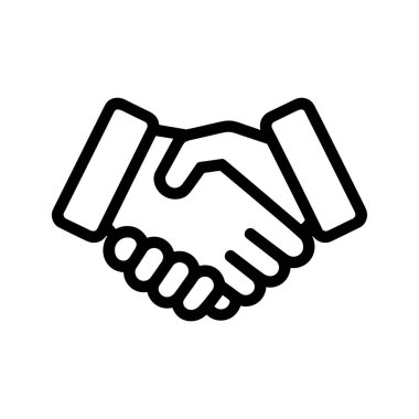 Birbirini sıkıca kavrayan iki eli gösteren taslak simgesi, koyu siyah çizgilerle çizilmiş, beyaz arka planda anlaşmayı ve ortaklığı simgeleyen.